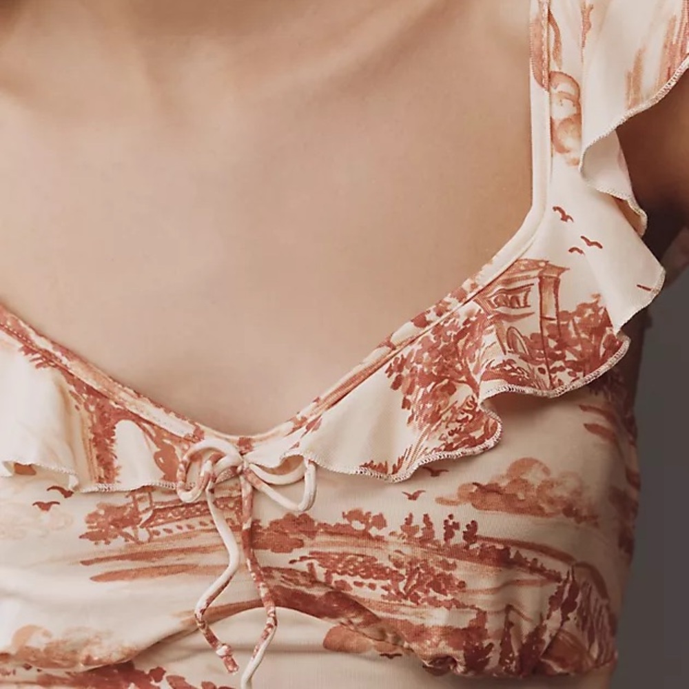 Reformation Cream and Rust Toile Ruffle Tank Top
